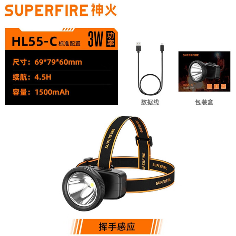 神火HL55-C智能感应挥手即亮强光远射户外多用头灯图片1