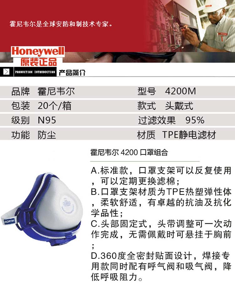 Honeywell霍尼韦尔4200M 4200标准版防尘面具图片1
