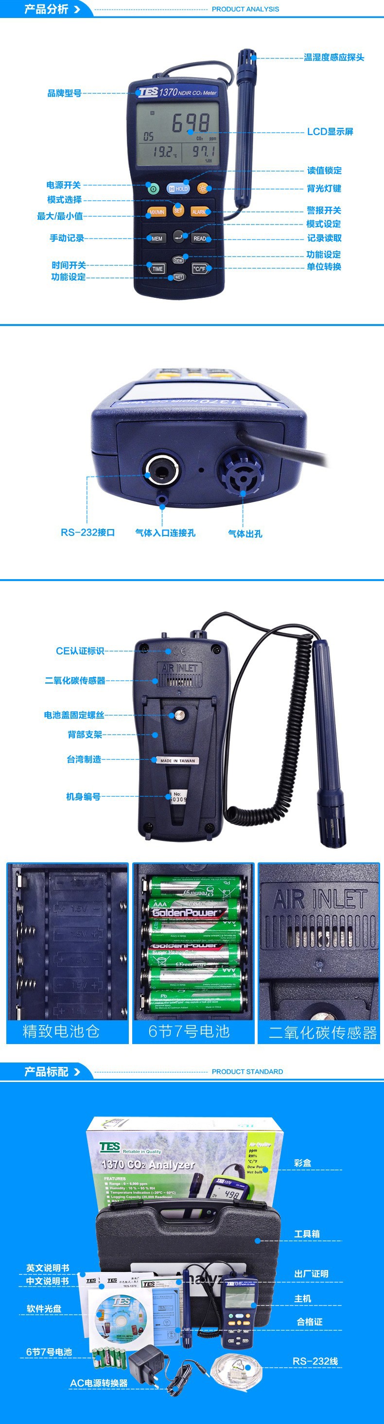 台湾泰仕TES-1370非色散式红外线二氧化碳测试器图片1