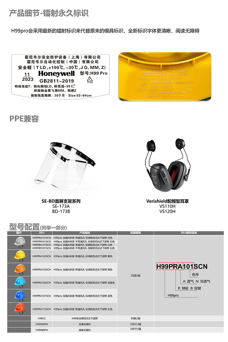 Honeywell霍尼韦尔H99PBA102SCN H99pro加强ABS款带通风孔按键款黄色安全帽5