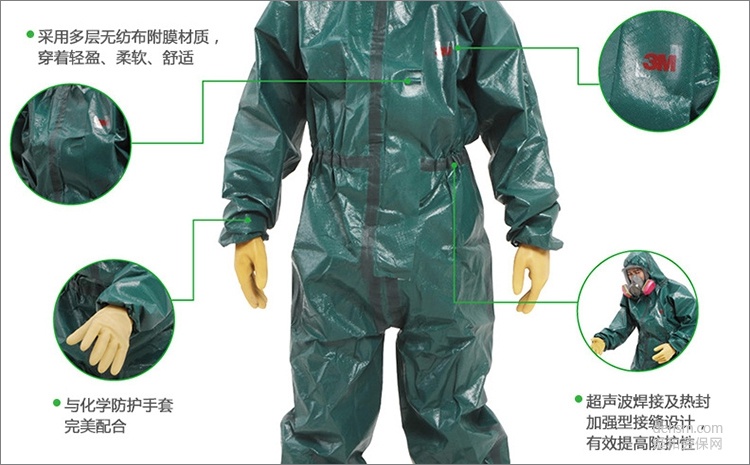 3M4680绿色带帽连体防护服多层无纺布覆膜材质
