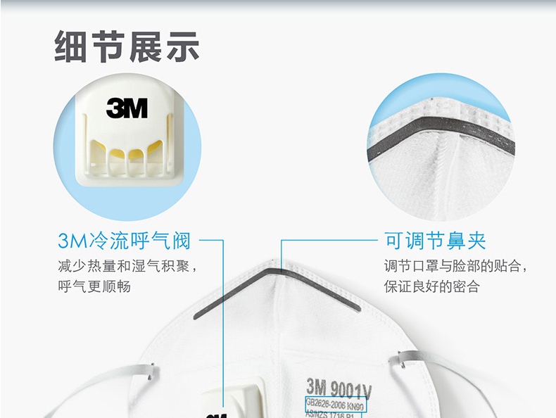 3M9001v折叠式带阀防尘口罩冷流呼气阀可调节鼻夹