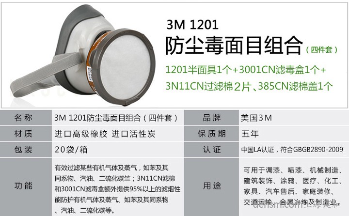 3M1201防毒面具防护性能及产品特点