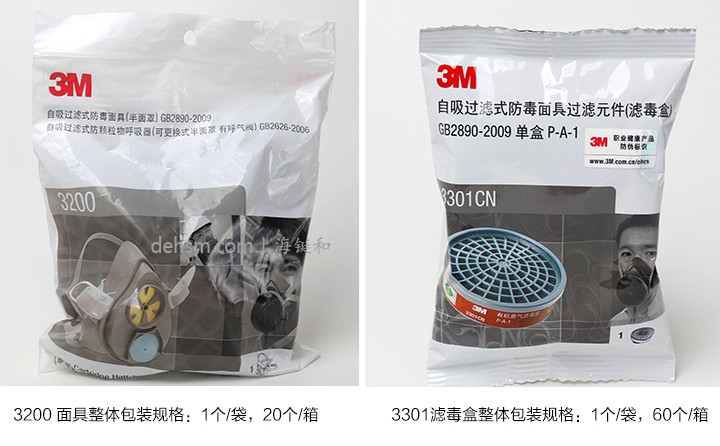 3M3200化工喷漆防毒面具面罩本体及滤盒包装图