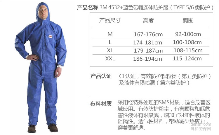 3M4532+蓝色带帽连体防护服介绍