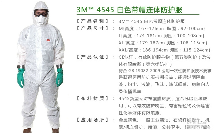 3M4545白色带帽连体防护服新型材料制成