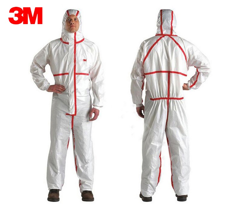 3M4565白色带帽红色胶条连体防护服图片-正反面