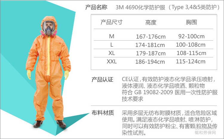 3M4690橙色带帽连体防护服CE认证