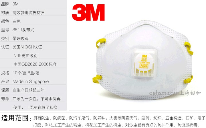 3M8511N95防护口罩产品特点及规格