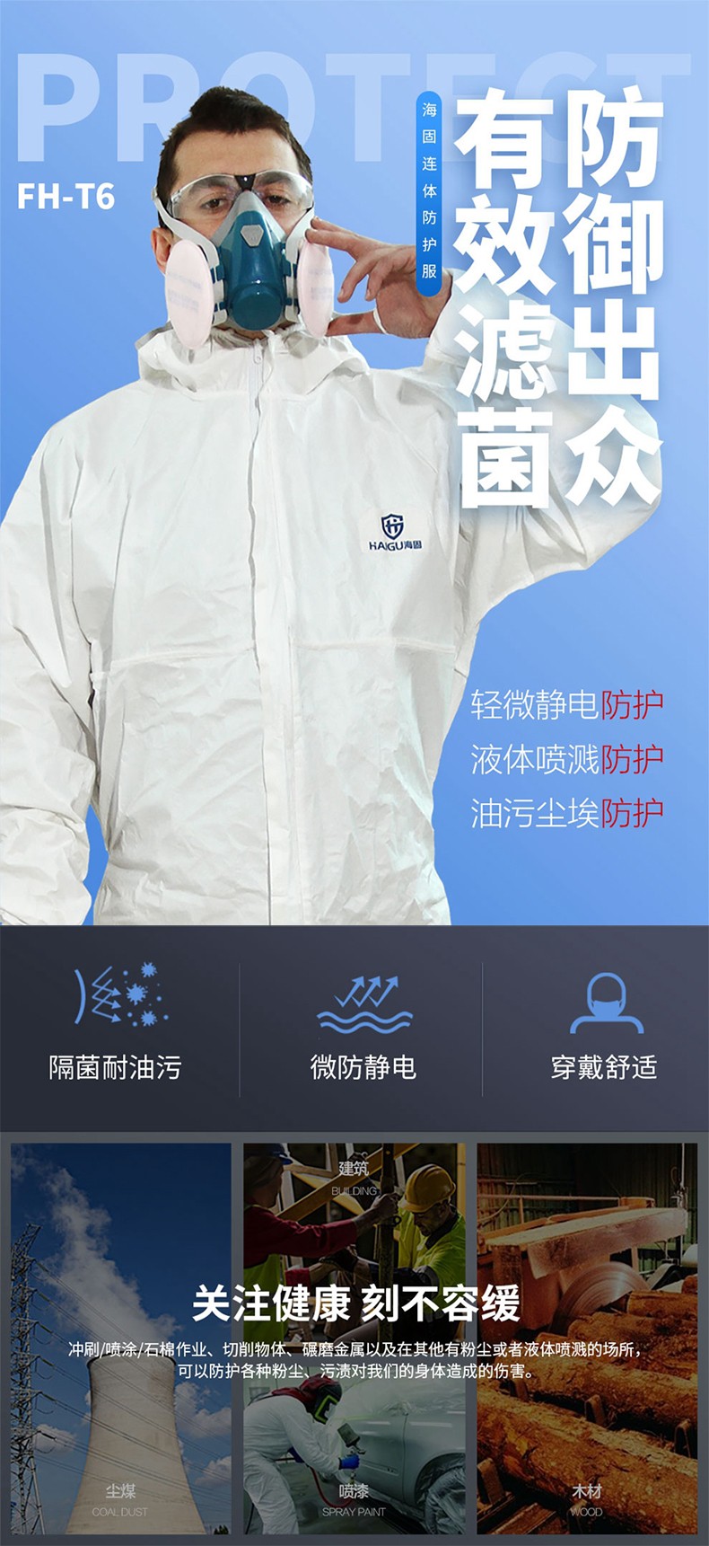 海固FH-T6防护服 静电液体油污尘埃防护服图片1
