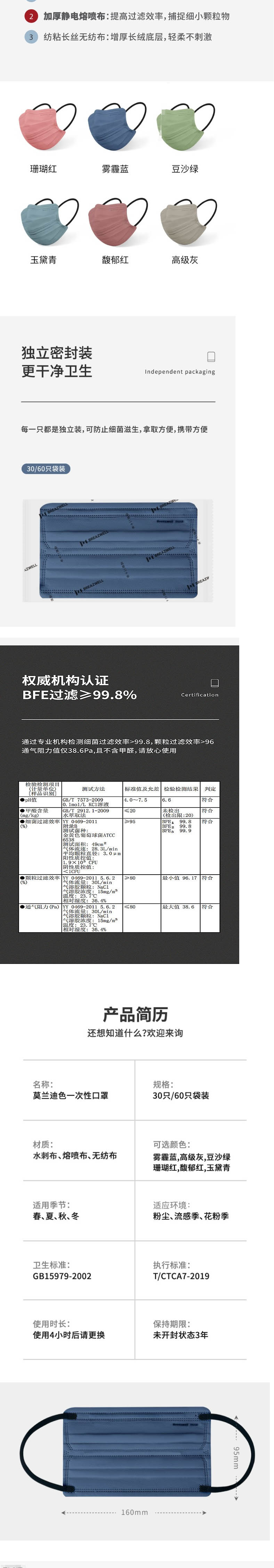 松研B29-3莫兰迪彩色平面一次性口罩图片2