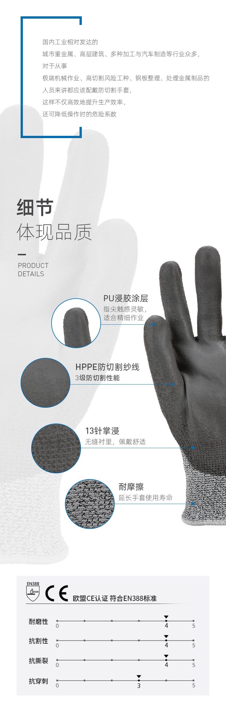 瑞氪维尔RW2405PU涂层3级防割手套图片3