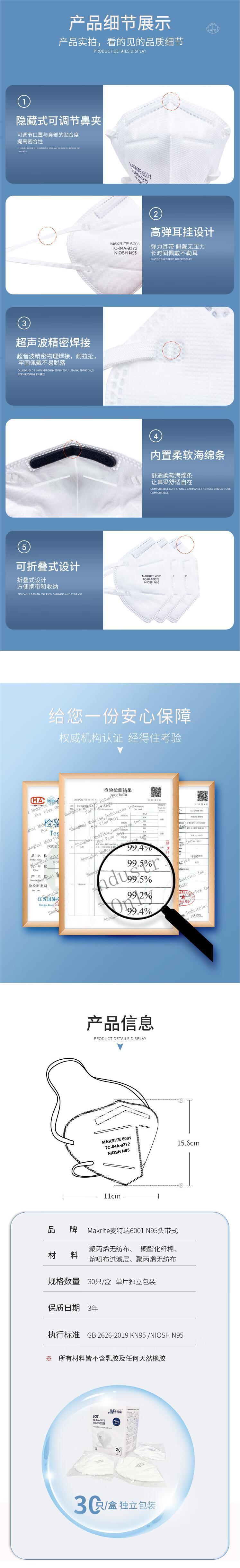 麦特瑞6001 N95白色折叠头戴式防尘口罩图片2