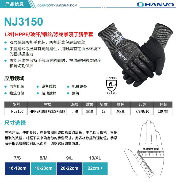 恒辉NJ3150耐磨5级加钢丝防割手套图片2