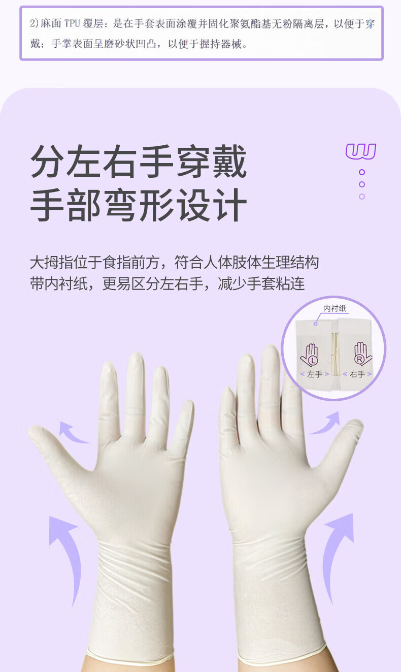 高邦604-010049弯型麻面TPU覆层无粉一次性使用灭菌橡胶外科手套5