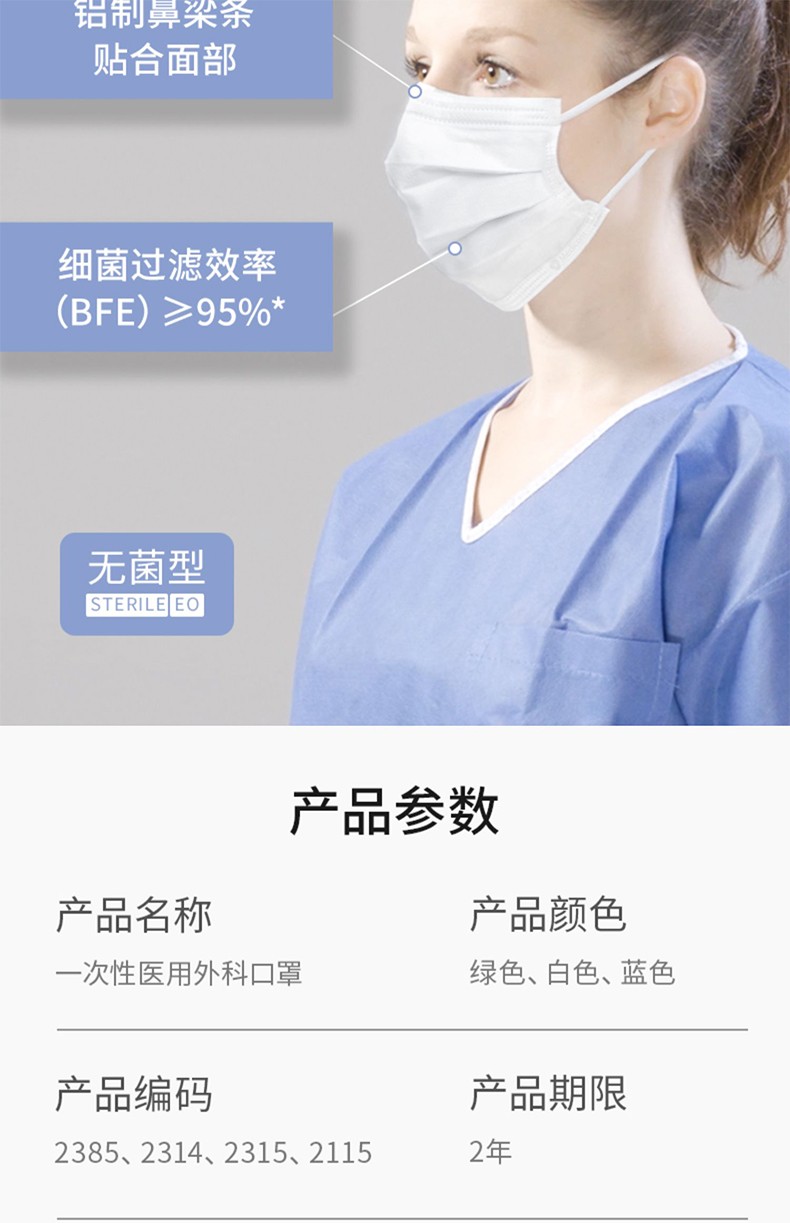 麦迪康2385无菌蓝色一次性医用外科口罩图片3