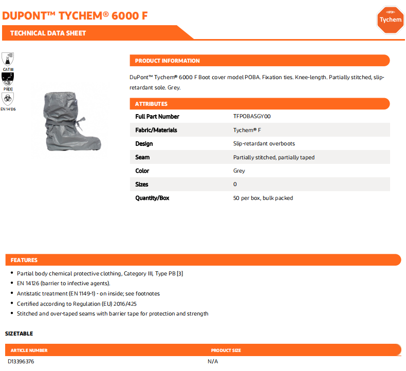 杜邦Tychem6000F TFPOBAS GY靴套防滑防酸碱长筒鞋套1