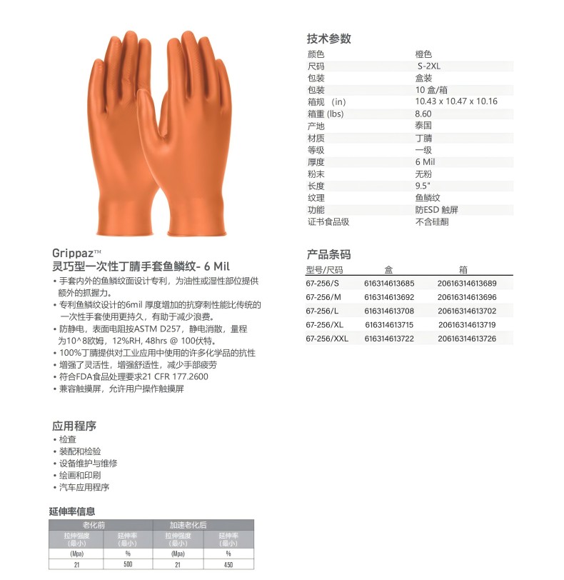 PIP 67-256 Grippaz灵巧型鱼鳞纹一次性丁腈手套1