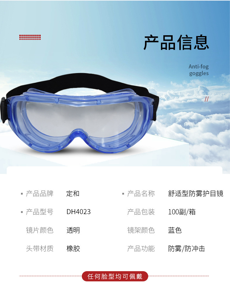 定和DH4023抗冲击防雾安全护目镜10