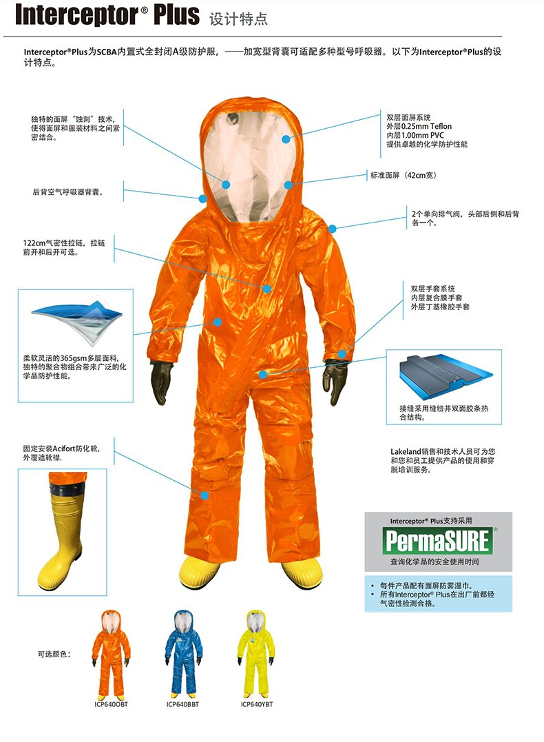Lakeland雷克兰ICP640OBT Interceptor Plus拦截者气密型A级全封闭防化服连防化靴-2