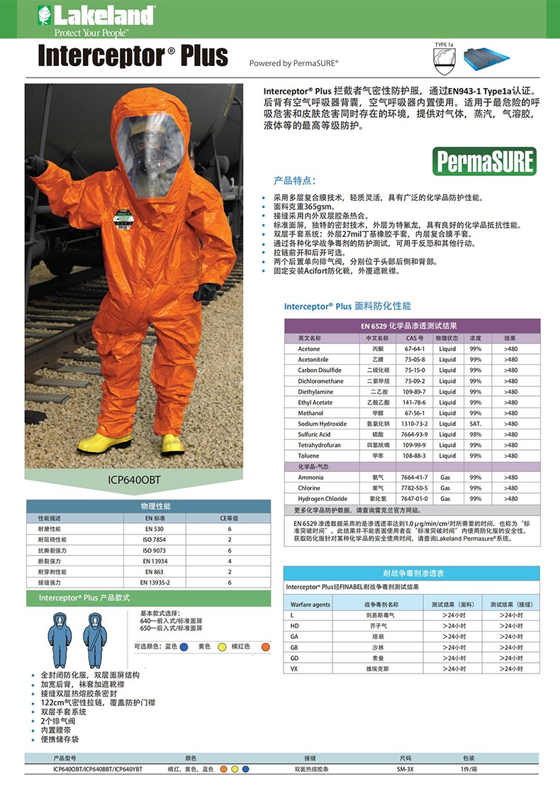 Lakeland雷克兰ICP640OBT Interceptor Plus拦截者气密型A级全封闭防化服连防化靴-1