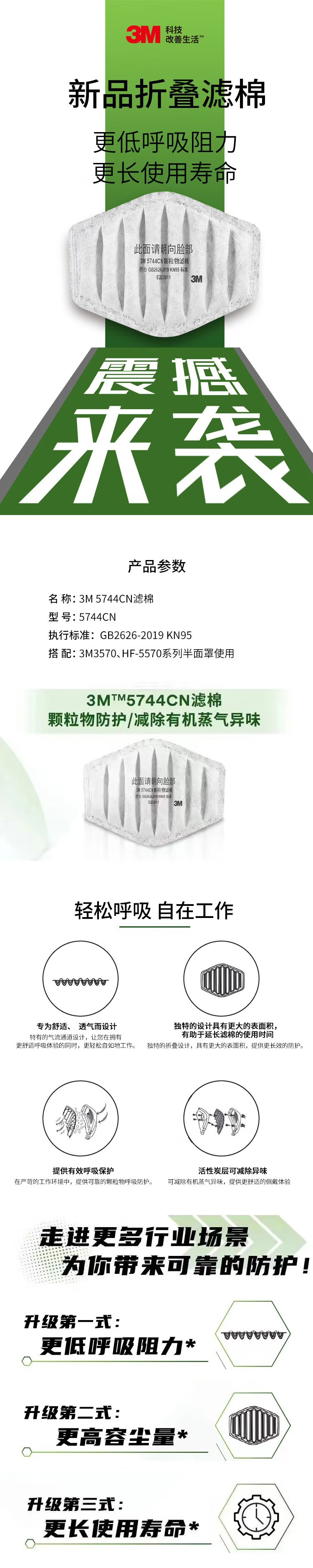 3M 5744CN颗粒物有机蒸气异味折叠KN95过滤棉